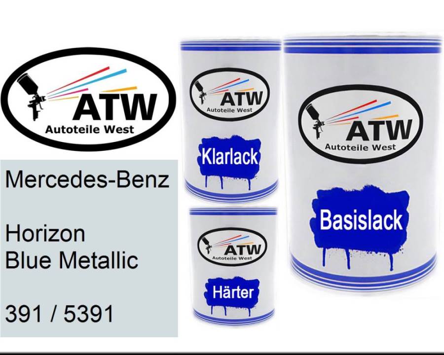Mercedes-Benz, Horizon Blue Metallic, 391 / 5391: 500ml Lackdose + 500ml Klarlack + 250ml Härter - Set, von ATW Autoteile West.